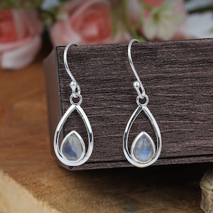 Pendientes de piedra lunar arcoíris, pendientes colgantes, pendientes de plata de ley, joyas para mujer, pendientes de lágrima, pendiente de piedra lunar, regalo para ella