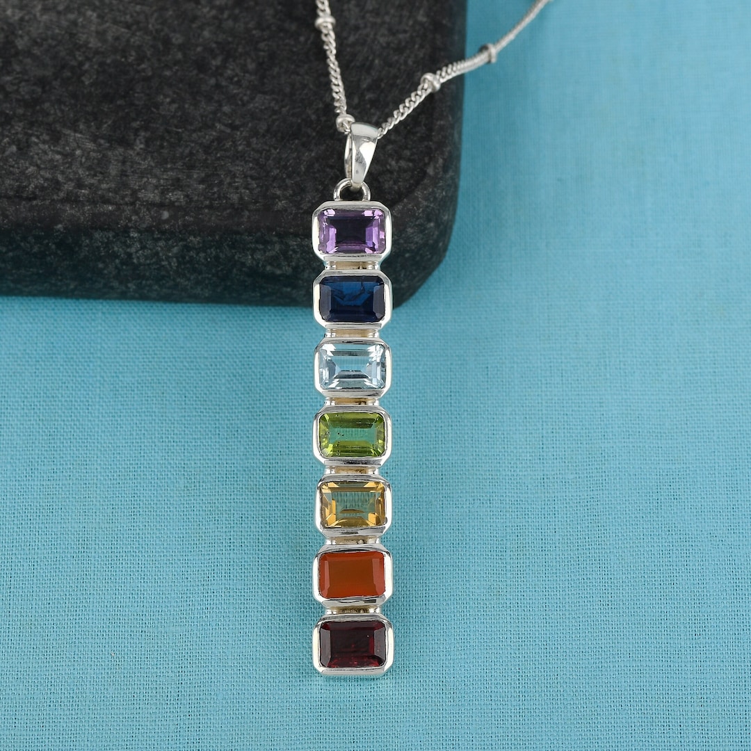 Chakra Pendant Necklace, 925 Sterling Silver, Multi Stone Pendant