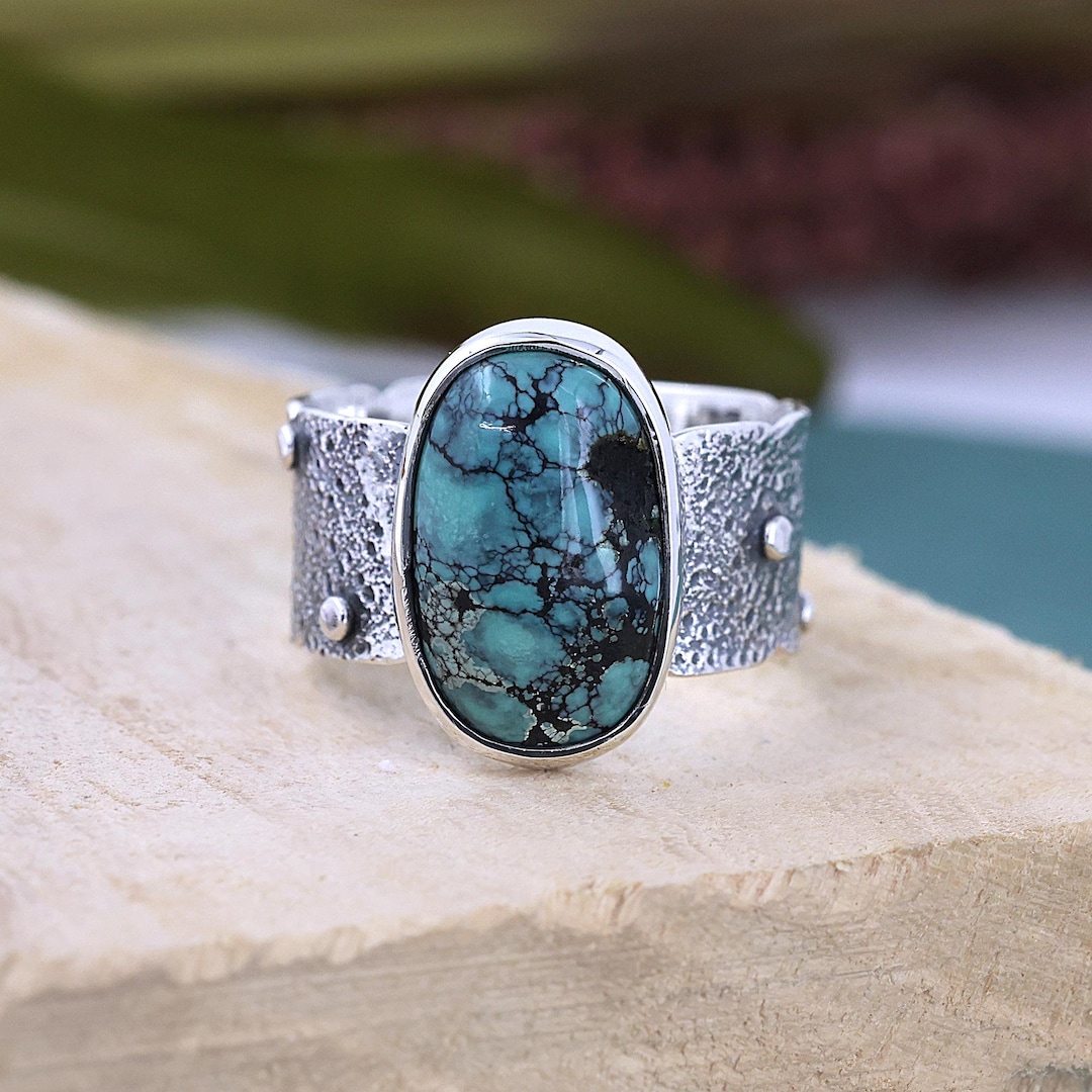 Tibetan Turquoise Ring: Sterling Silver Textured Band, Boho Statement ...
