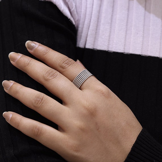 アクセサリー Vintage Silver Beaded Multi-Band Ring Sterling Silver Beaded Wide Band Ring, 925 Silver Statement Ring