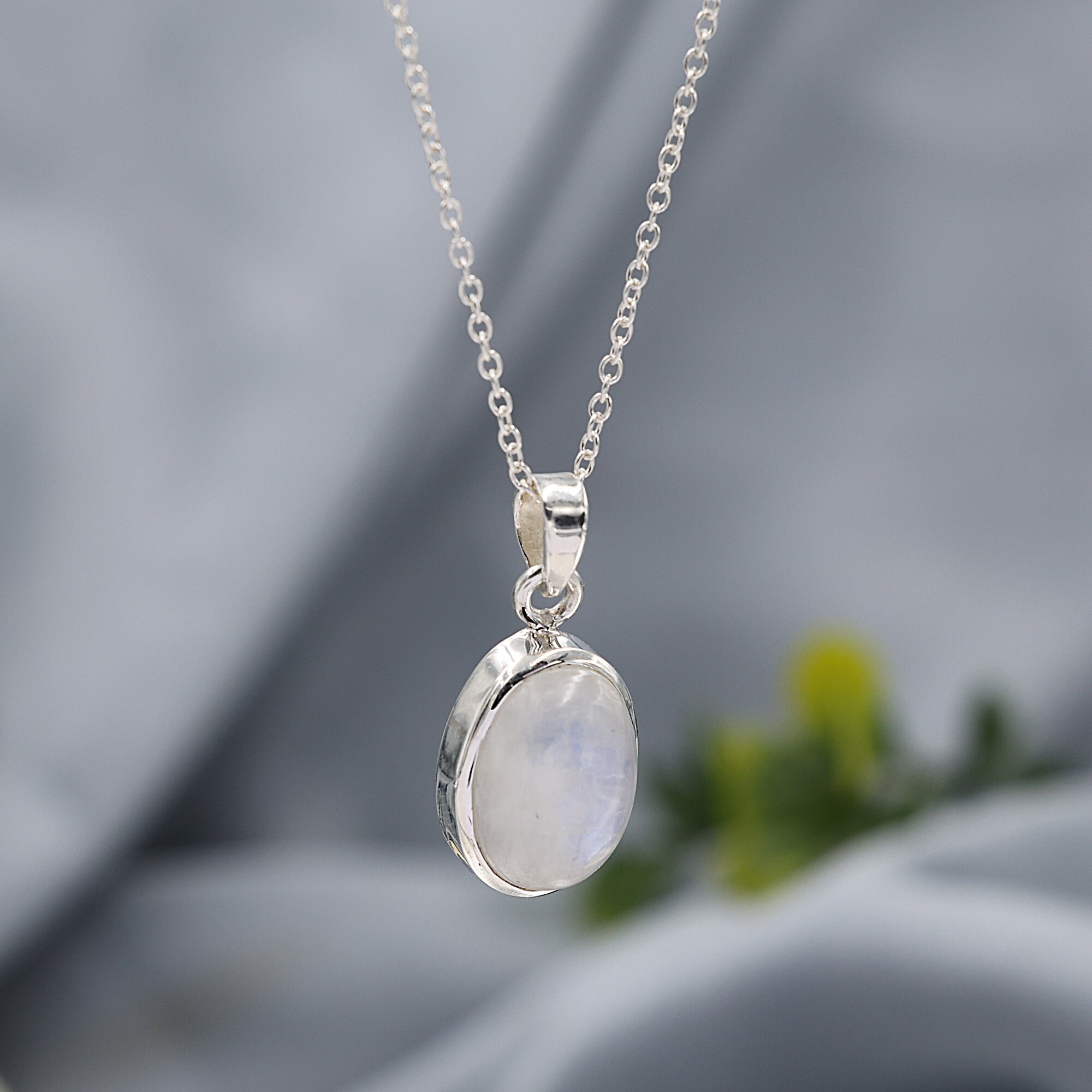 Collana Delicata Con Ciondolo In Pietra Di Luna Arcobaleno - Argento 925 Placcato Rodio, Catena 50 Cm, Grado AA, Regalo