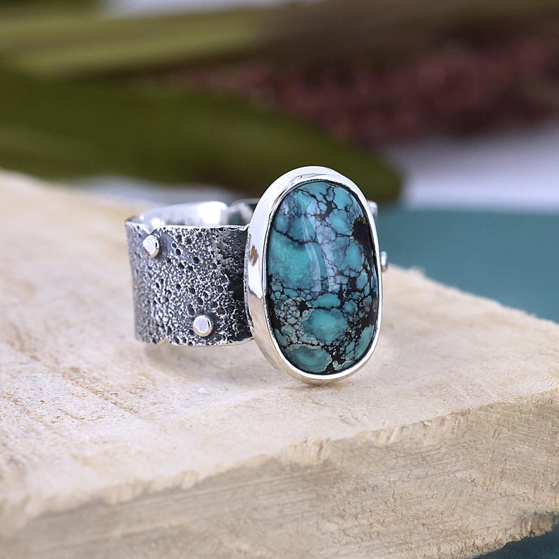 Tibetan Turquoise Ring: Sterling Silver Textured Band, Boho Statement ...