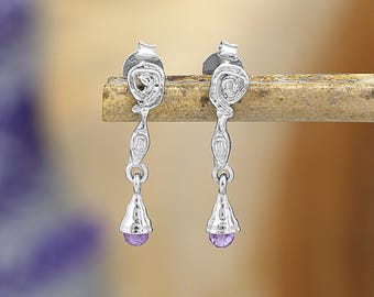 Natural Amethyst Drop Earring, Sterling Silver Handmade Spiral Jewelry, Dainty Dangle Earrings, February Birthstone Earrings Gift for Her