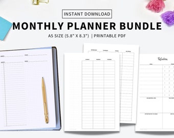 Undated Monthly Planner Printable, Month on Two Pages, Month At a Glance, Monthly Calendar Inserts, Sunday/Monday Start, A5 Size