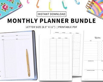 Undated Monthly Planner Printable, Month on Two Pages, Month At a Glance, Monthly Calendar Inserts, Sunday/Monday Start, Letter Size