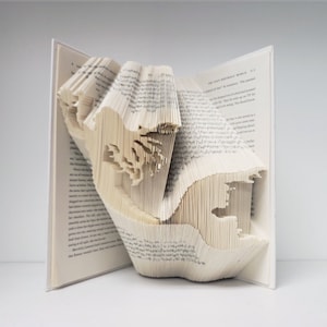 May include: A book with pages folded into a three-dimensional shape, creating a design that resembles a map of North America. The book is open and the folded pages are visible.