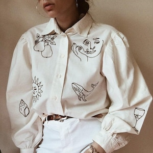 Hand embroidered Oversized beige shirt with puff sleeves image 1