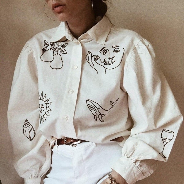 Hand embroidered Oversized beige shirt with puff sleeves