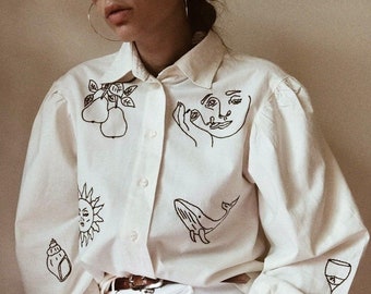 Hand embroidered Oversized beige shirt with puff sleeves