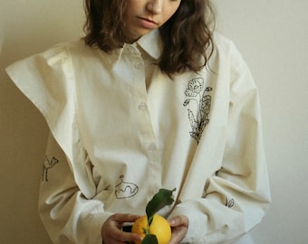 Hand Embroidered Cowboy poppy shirt in cream beige