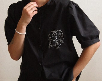 Hand embroidered Matisse blouse with puff sleeves in black