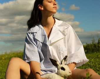 Hand Embroidered 2 fabric shirt in baby blue