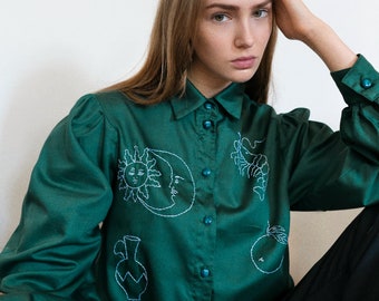 Hand embroidered green shirt with puff sleeves