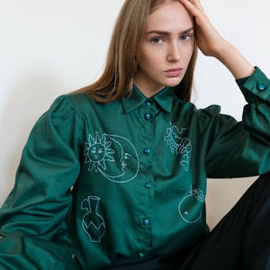 Hand embroidered green shirt with puff sleeves