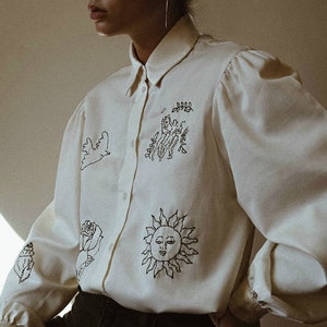 Hand embroidered beige blouse with puff sleeves image 1