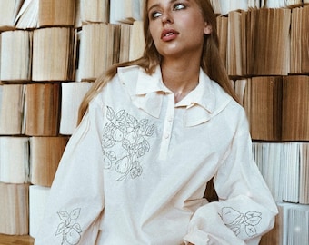 Hand Embroidered Beige Pear Blouse with Puff Sleeves