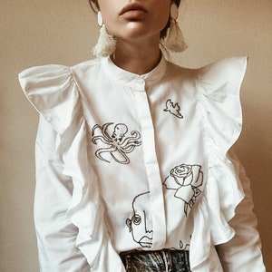 Hand embroidered white cowboy shirt with ruffles image 1