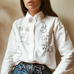 Hand embroidered white classic cut shirt