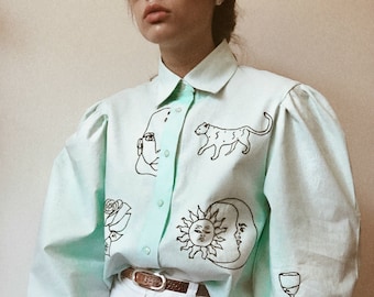 Hand embroidered mint cotton shirt with puff sleeves