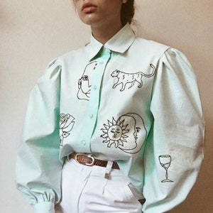 Hand Embroidered Mint Cotton Shirt With Puff Sleeves - Etsy