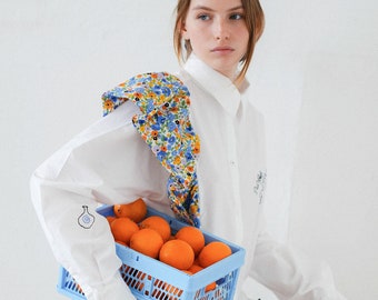 Hand Embroidered Cowboy shirt with floral ruffles in white and personalized embroidery