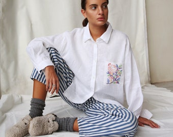 Hand embroidered Linen Oversized shirt in white