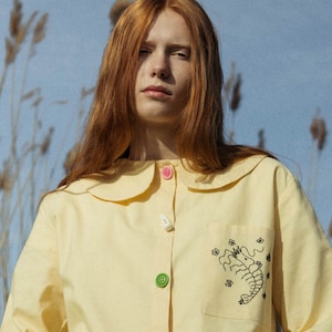 Handcrafted Premium Cotton Pajama Set in Light Yellow, Loungewear, Personalized Hand Embroidery on Shirt,pyjama bottoms,hair scrunchie;