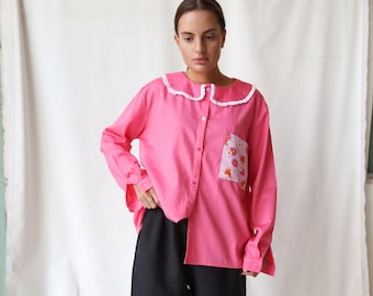 Handcrafted Shirt With 70's Fleece Pocket in Hot Barbie Pink