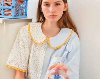 Hand Embroidered 2 fabric shirt in baby blue and yellow