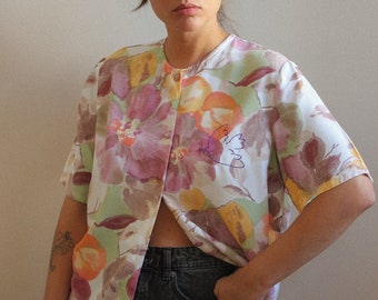 Multicoloured Reworked Vintage Hand embroidered watercolor floral printed shirt