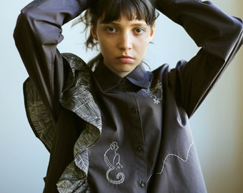 Hand Embroidered Cowboy shirt with ruffles in Charcoal Gray
