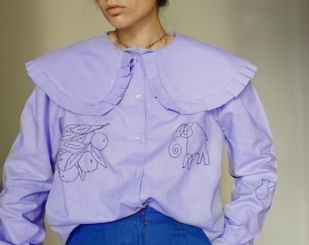 Hand Embroidered Oversized Collar Lilac Blouse