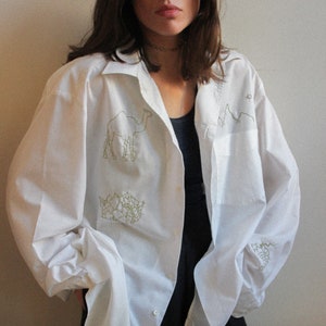 Reworked Vintage Hand Embroidered Unisex Shirt in White image 6