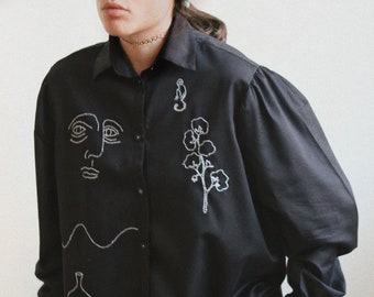 Hand Embroidered cotton blouse with puff sleeves in black