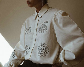 Hand embroidered beige blouse with puff sleeves