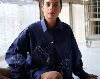 Hand Embroidered Moroccan Oversized Shirt in rich navy blue