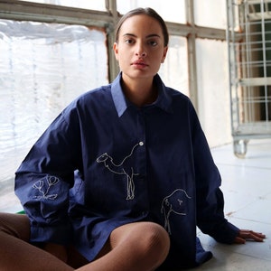 Hand Embroidered Moroccan Oversized Shirt in rich navy blue