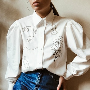 Hand embroidered white shirt with puff sleeves