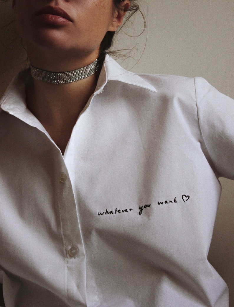 Personalized Hand Embroidered Unisex Shirt in White image 1