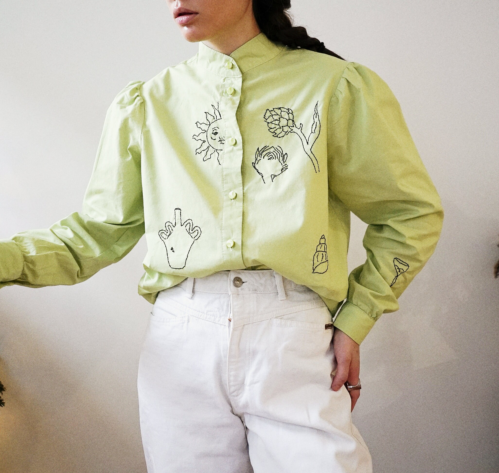 Hand Embroidered Pistachio Green Shirt With Puff Sleeves - Etsy