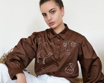 Hand embroidered brown shirt with puff sleeves