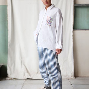 Hand embroidered Linen Oversized shirt in white image 5