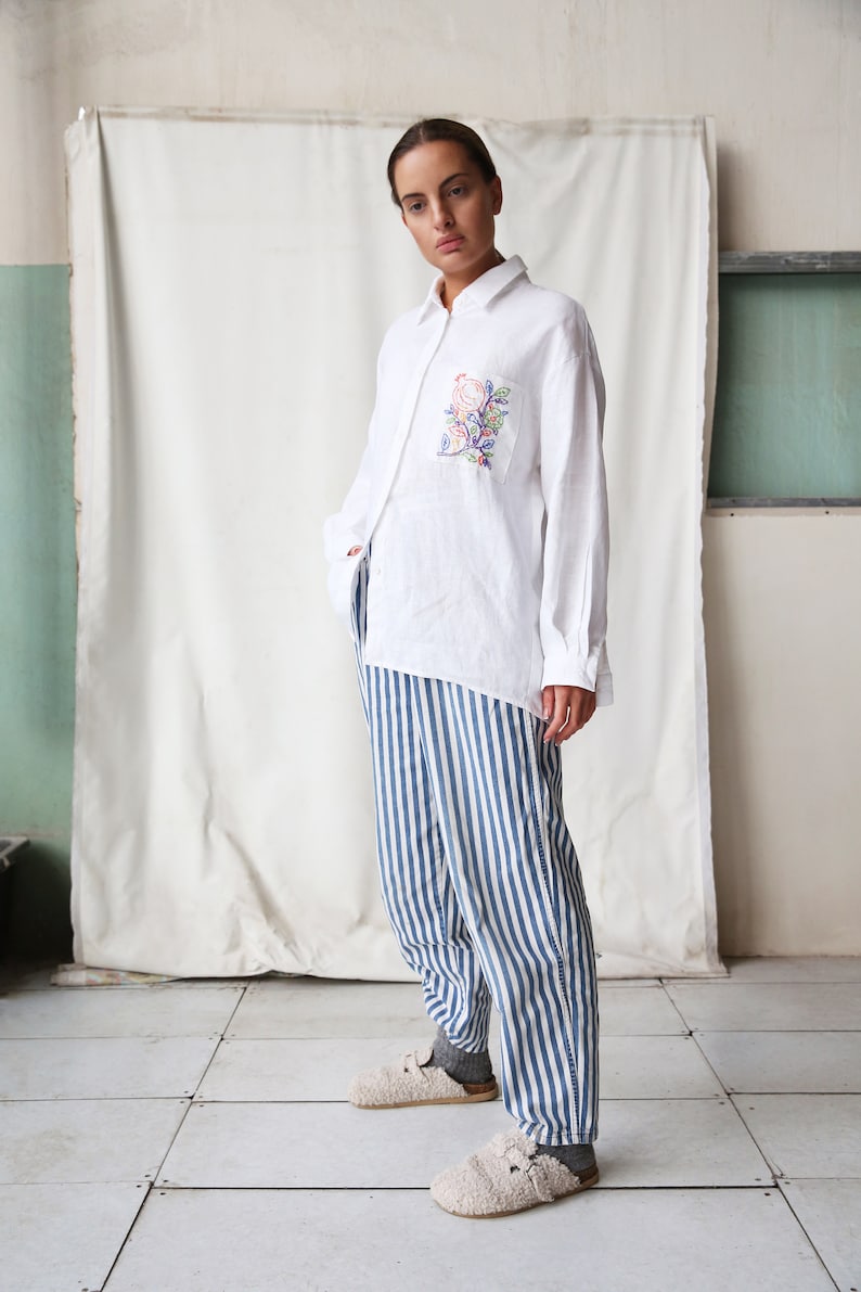 Hand embroidered Linen Oversized shirt in white image 5