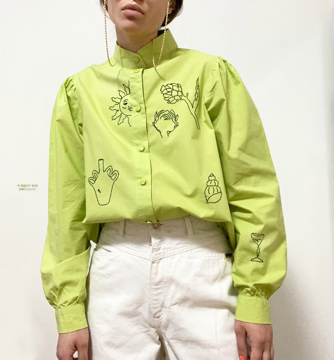 Hand embroidered pistachio green shirt with puff sleeves Etsy