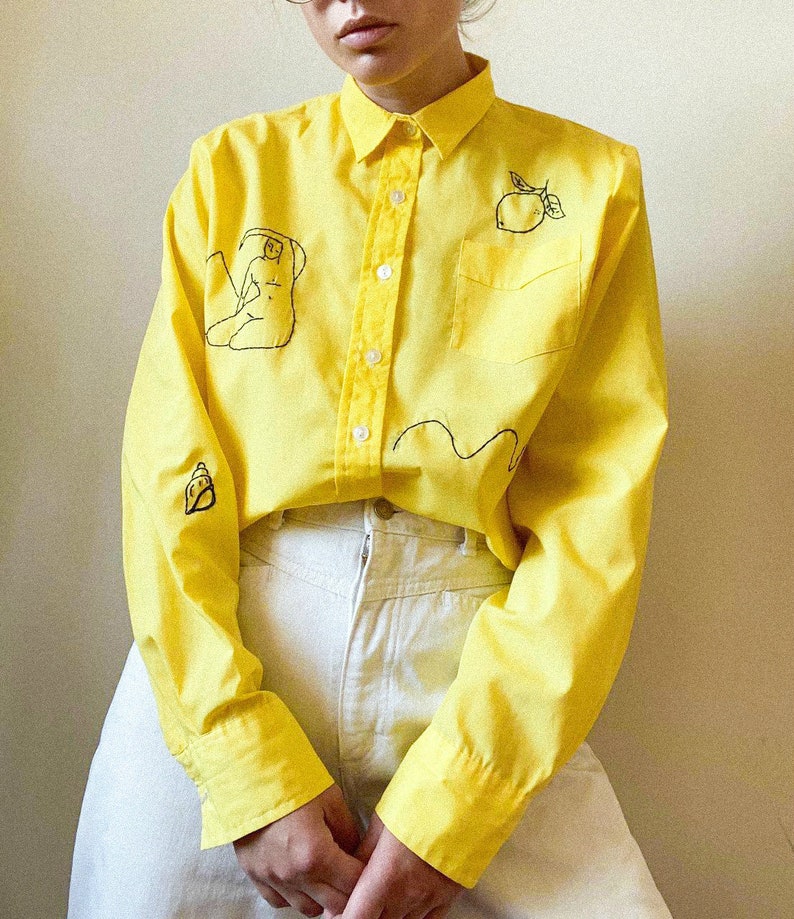 Reworked Vintage Hand Embroidered yellow shirt image 0