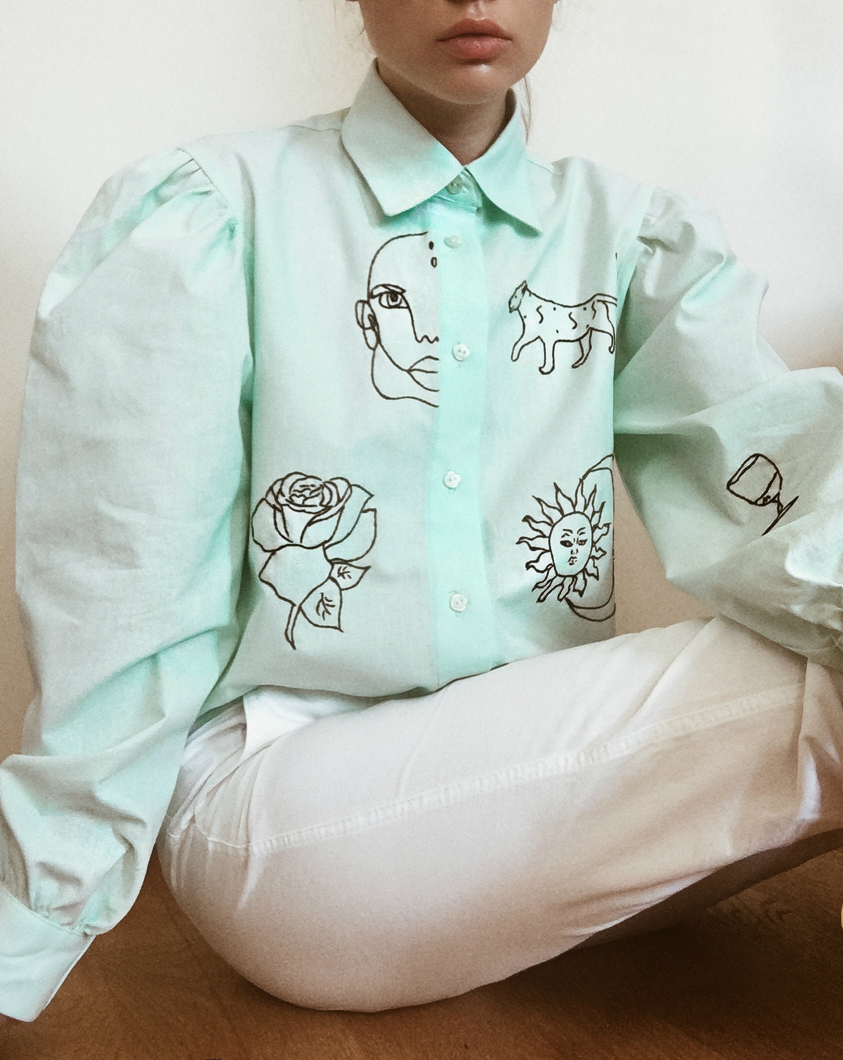 Hand Embroidered Mint Cotton Shirt With Puff Sleeves - Etsy