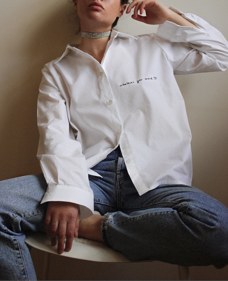 Personalized Hand Embroidered Unisex Shirt in White image 2