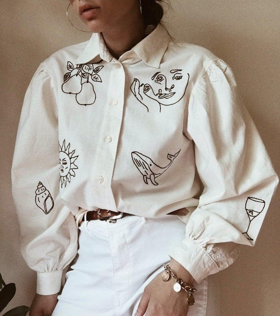 Hand Embroidered Oversized Beige Shirt With Puff Sleeves - Etsy