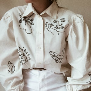 Hand embroidered Oversized beige shirt with puff sleeves image 4
