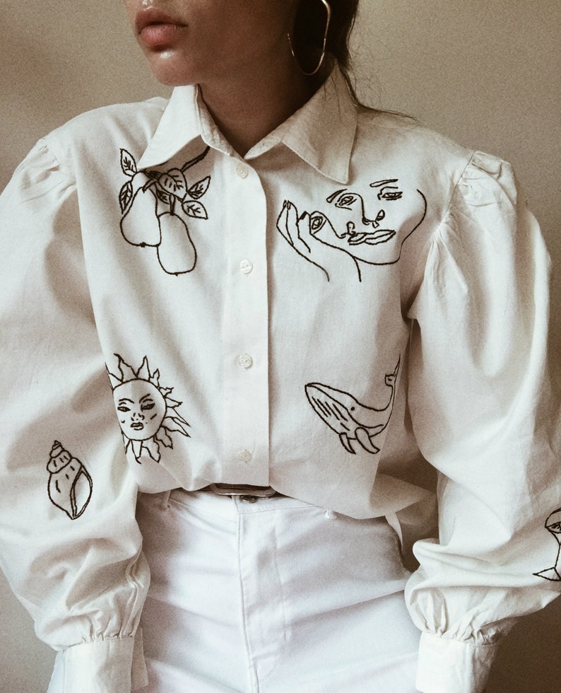 Hand embroidered Oversized beige shirt with puff sleeves image 4